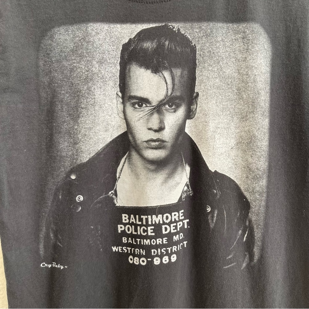 !SOLD! CRY BABY Black White Johnny Depp Edgy Mugshot  Short Sleeve Graphic Tee - Picture 3 of 5